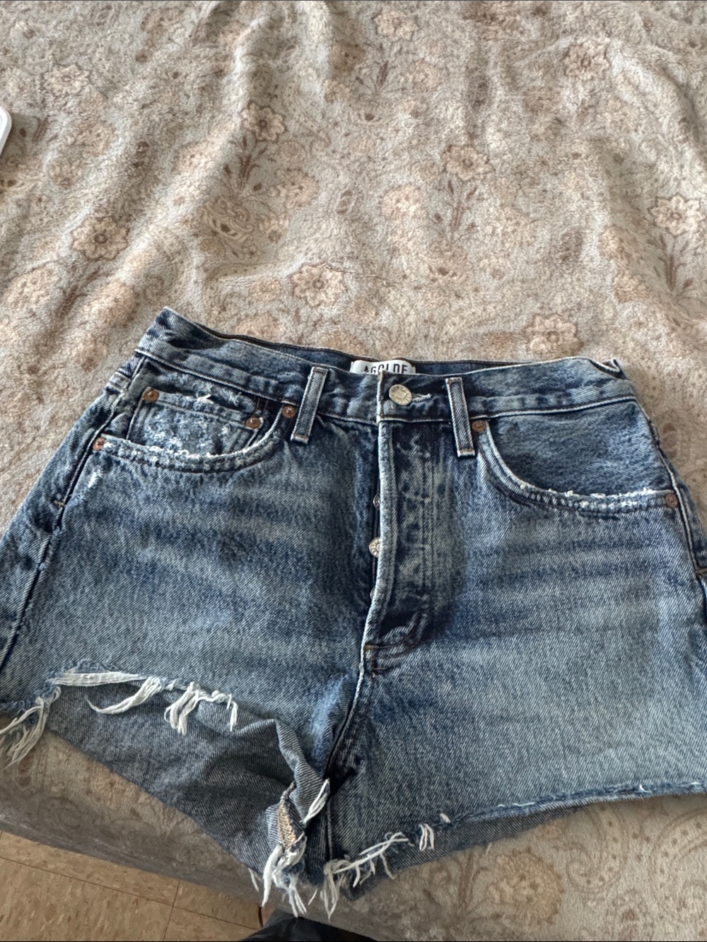 Agolde Blue Distressed High-Rise Jean Shorts